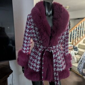 Stunning Elegant Women's Houndstooth Teddy Jacket with Faux Fur